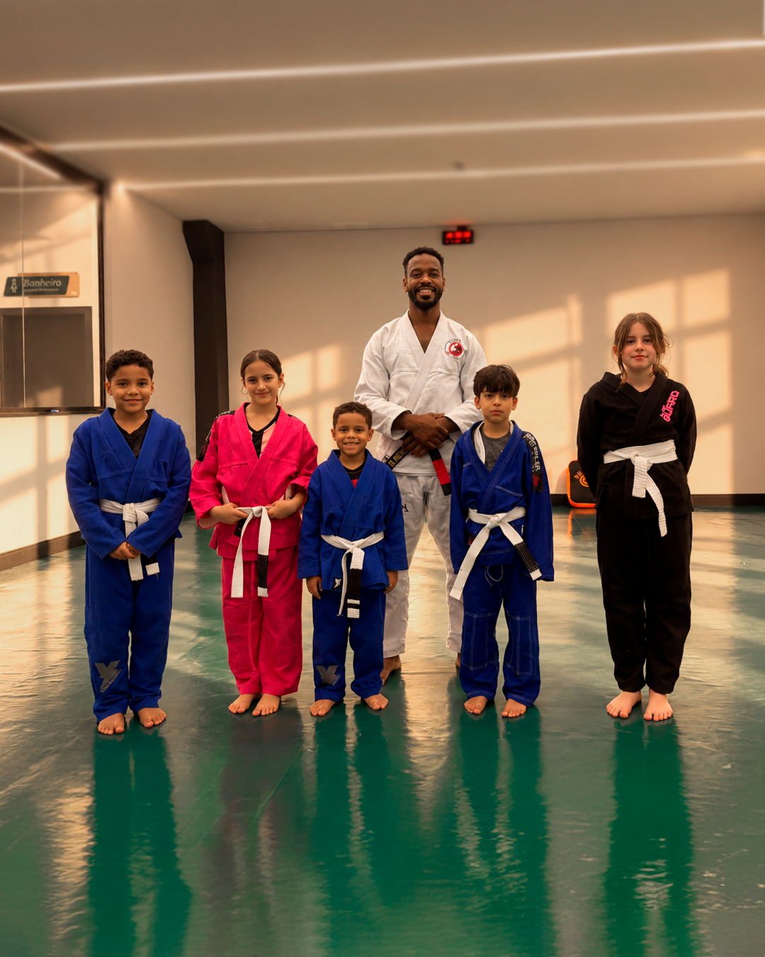 Turma infantil de Jiu Jitsu com o professor